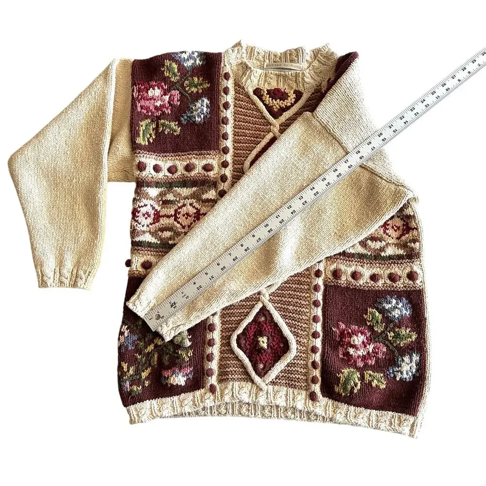 Jennifer & Company VTG 90s Hand Knit Cotton Blend Cottage Cabbage Rose Sweater L